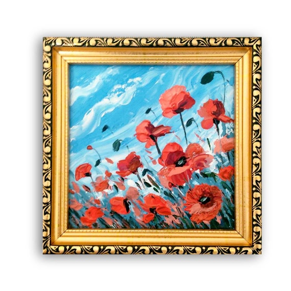 Poppy Field Oil Painting: Impasto Floral Art in Gold Frame (6x6 inches)