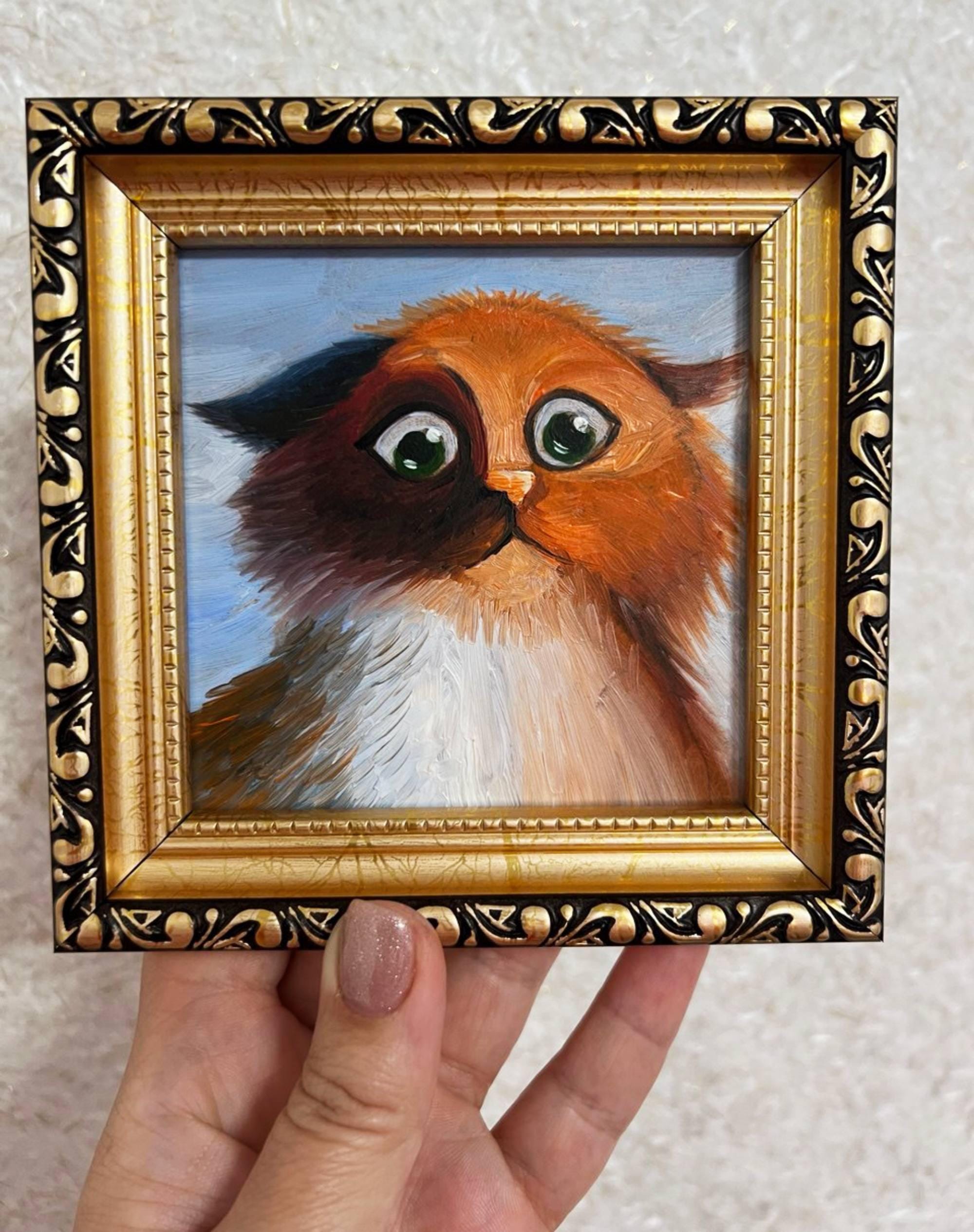 おもしろ猫の油絵：ゴールドフレームのオリジナルアート（4x4インチ