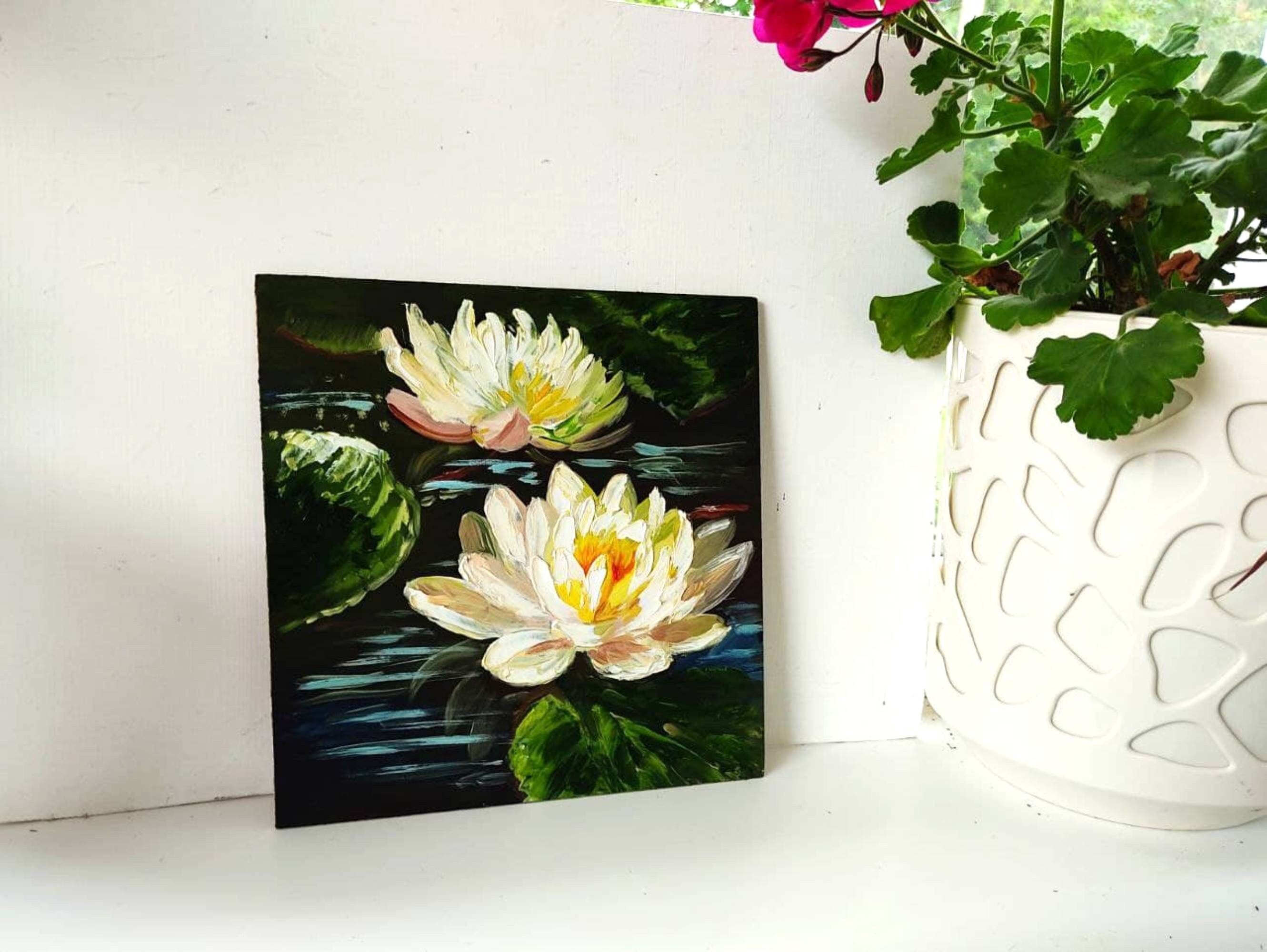 Original Water Lily Oil Painting: Impasto Lotus Pond Art (10x10) - Etsy
