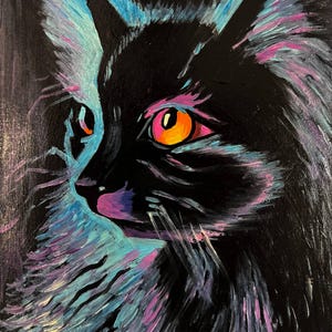 May include: A black cat with bright orange eyes is painted in a stylized manner with blue and purple brushstrokes on a black background.
