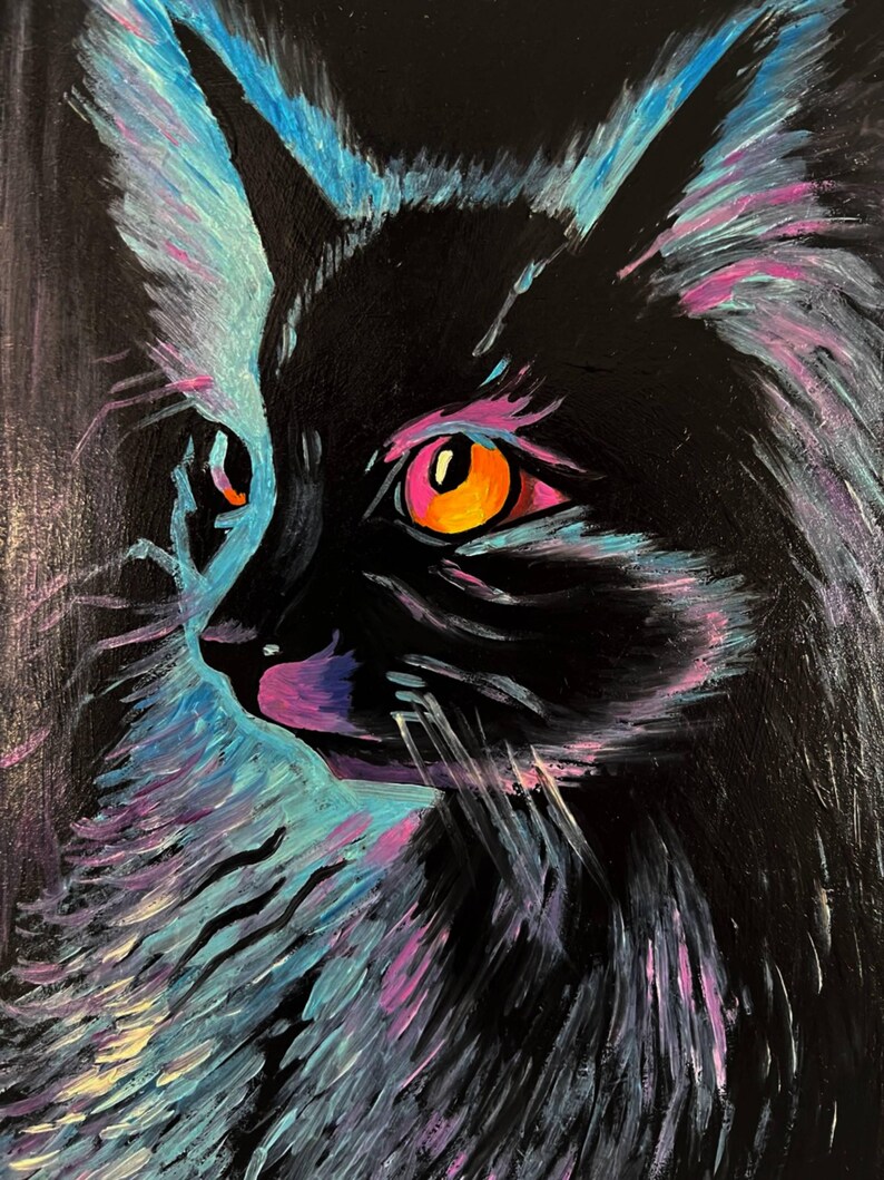 May include: A black cat with bright orange eyes is painted in a stylized manner with blue and purple brushstrokes on a black background.