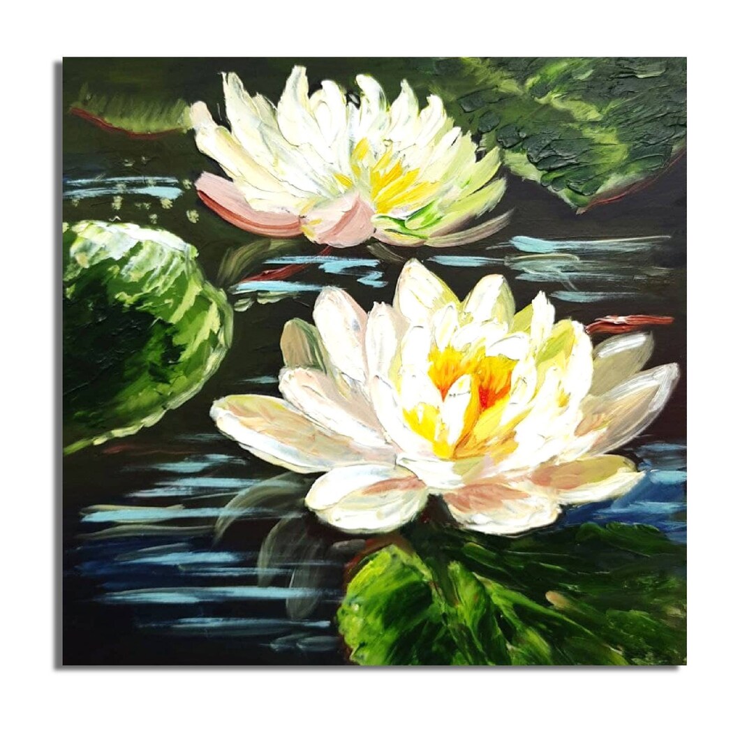 Original Water Lily Oil Painting: Impasto Lotus Pond Art (10x10) - Etsy