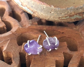 Amethyst Stud, Tumbled stone and Sterling Silver Earrings