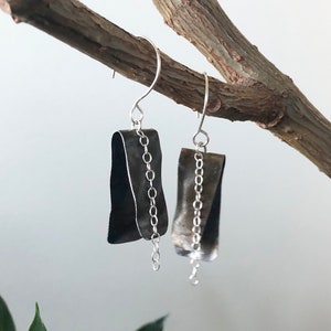 Rustic Rectangle Dangle Earrings, Sterling Silver Chain and Ear Wire