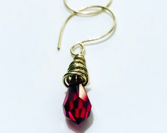 14K Ruby Crystal Drop Earrings, Red Teardrop Swarovski Dangle, 14K gold