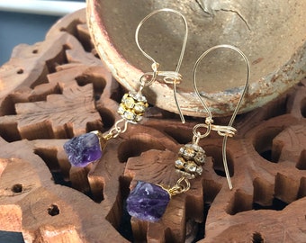 Formal Amethyst Dangle, Rough Amethyst Stone and 14K Gold Filled Earrings