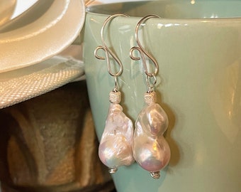 Baroque Pearl Wedding Earrings, Sterling Silver and Freshwater Pearl dangle drops