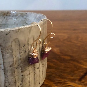 Boho Raw Ruby Dangle Earring, 14K Gold fill or Sterling Silver electroplating and ear wire