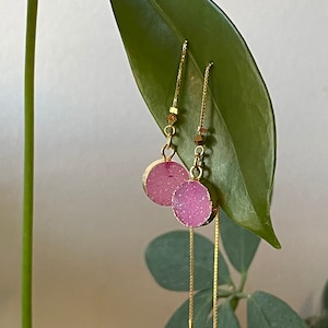 Pink Druzy Threader Earring, with Swarovski Crystal