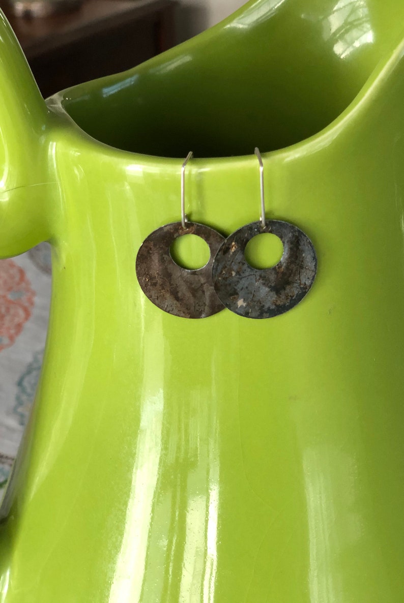 Sterling Silver Ear Wire Upcycled Ceiling Tin Earrings Rustic Circle Dangle
