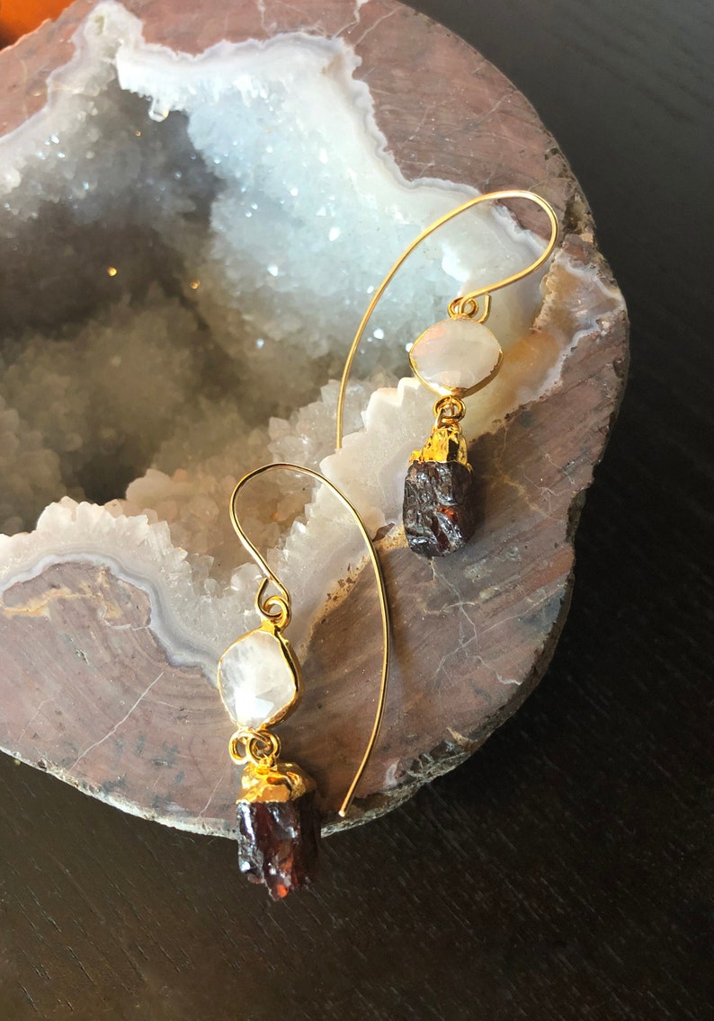 Vesuvianite and Garnet Earring, 14K Gold fill electroplating and ear wire image 1