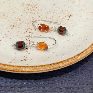 May include: A pair of silver earrings with orange carnelian stones and dark brown glass beads.