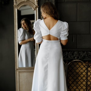 White wedding dress with puff sleeves/ Tea length minimalist bridal gown with open buttoned back/ Satin midi modest  dress / Civil wedding