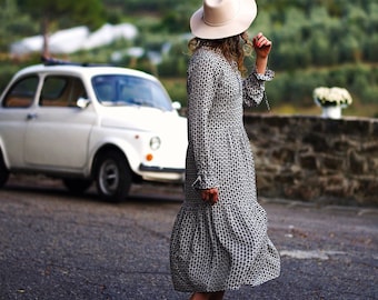 Cotton Boho Dress with long sleeves / Mandarin Collar Bohemian Dress with ties and pockets/ Laura Ashley vintage  inspired dress