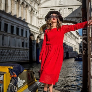 Cotton red Lace woman dress with long sleeves / Vintage inspiration  cottagecore red dress /Minimalist lace  dress / Laura Ashley dress