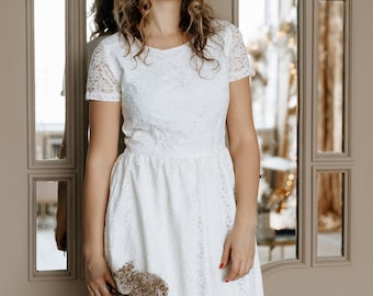 Lace Wedding Ivory Dress/ Modest Wedding Dress foe civil ceremony/ Midi Wedding Dress/ Simple minimalist wedding / Second wedding dress