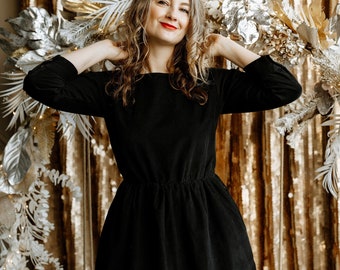 Black corduroy warm winter dress / Christmas corduroy overall dress with long sleeve / Velvet black dress / Cottagecore maternity dress