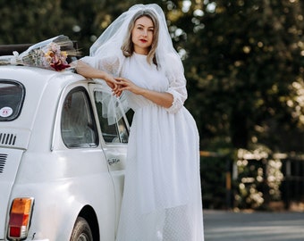 Chiffon maxi wedding dress with long sleeve / Modest white wedding dress / Minimalist long sleeve chiffon wedding dress/ Modest wedding