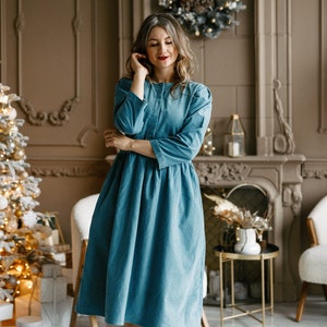 Corduroy warm winter woman dress with long sleeve and pockets / Cottagecore / Laura Ashley style / Tea length dress/ Puffy sleeve dress image 3