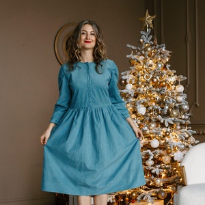 Corduroy warm winter woman dress with long sleeve and pockets / Cottagecore / Laura Ashley style / Tea length dress/ Puffy sleeve dress image 2