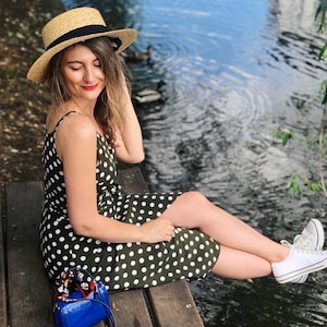 Woman wrap sundress with straps / Polka dots summer dress / Elegant olive color wrap dress / Cottagecore / V-neck strap dress for women