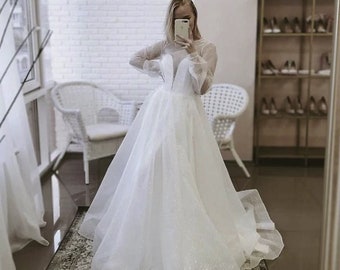 Luxury corset wedding dress with detachable coat/ Long sleeves buttoned neck bridal gown/ Tulle corset classic wedding dress with a train/