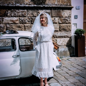 Modest full lace midi wedding dress with open back / Long sleeve embroidered lace wedding dress/ Minimalist civil wedding / image 3