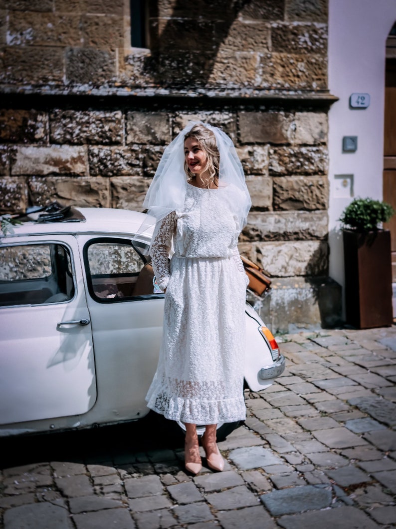 Modest full lace midi wedding dress with open back / Long sleeve embroidered lace wedding dress/ Minimalist civil wedding / image 3