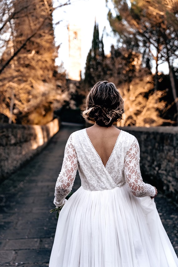 Trouwjurk Witte Jurk Open Rug V-open Rug Maxi Trouwjurk Van Kant