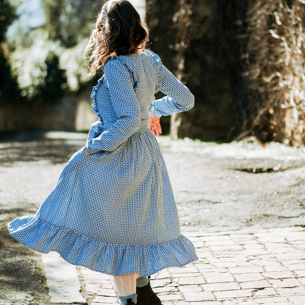 Warme lente katoenen jurk / Cottagecore warme theelengte jurk / Midi vintage jurk met lange mouwen / Cottagecore Laura Ashley geïnspireerd