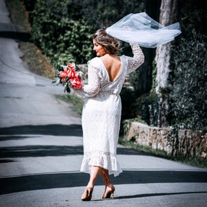 Modest full lace midi wedding dress with open back / Long sleeve embroidered lace wedding dress/ Minimalist civil wedding /
