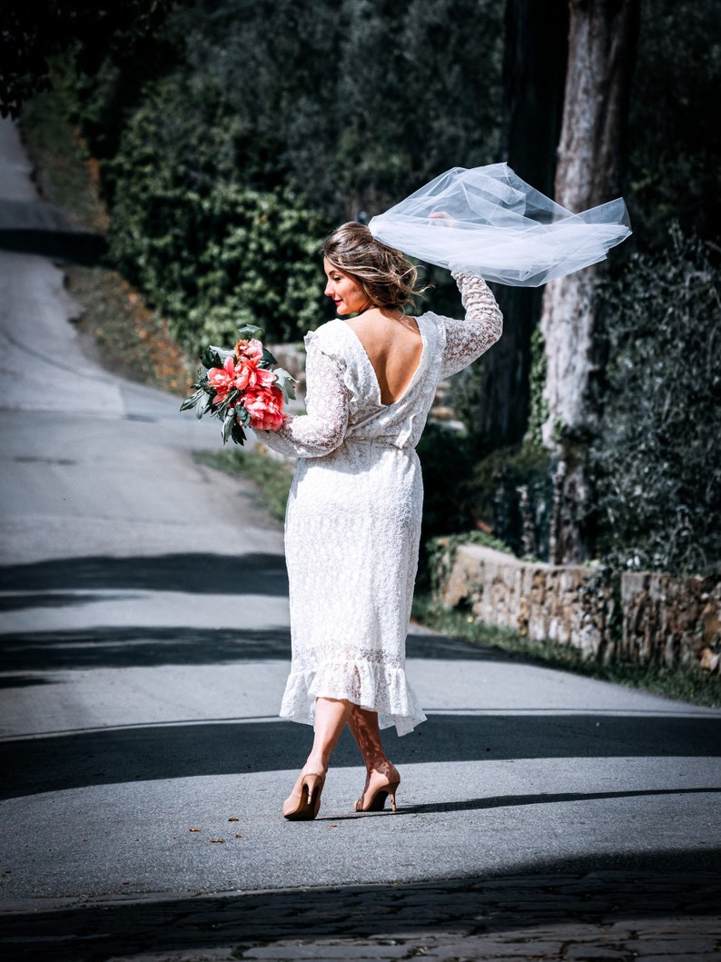 Modest full lace midi wedding dress with open back / Long sleeve embroidered lace wedding dress/ Minimalist civil wedding / image 1
