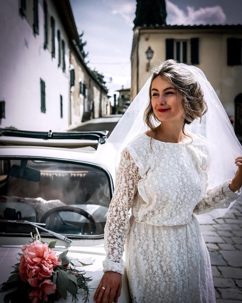 Modest full lace midi wedding dress with open back / Long sleeve embroidered lace wedding dress/ Minimalist civil wedding / image 9