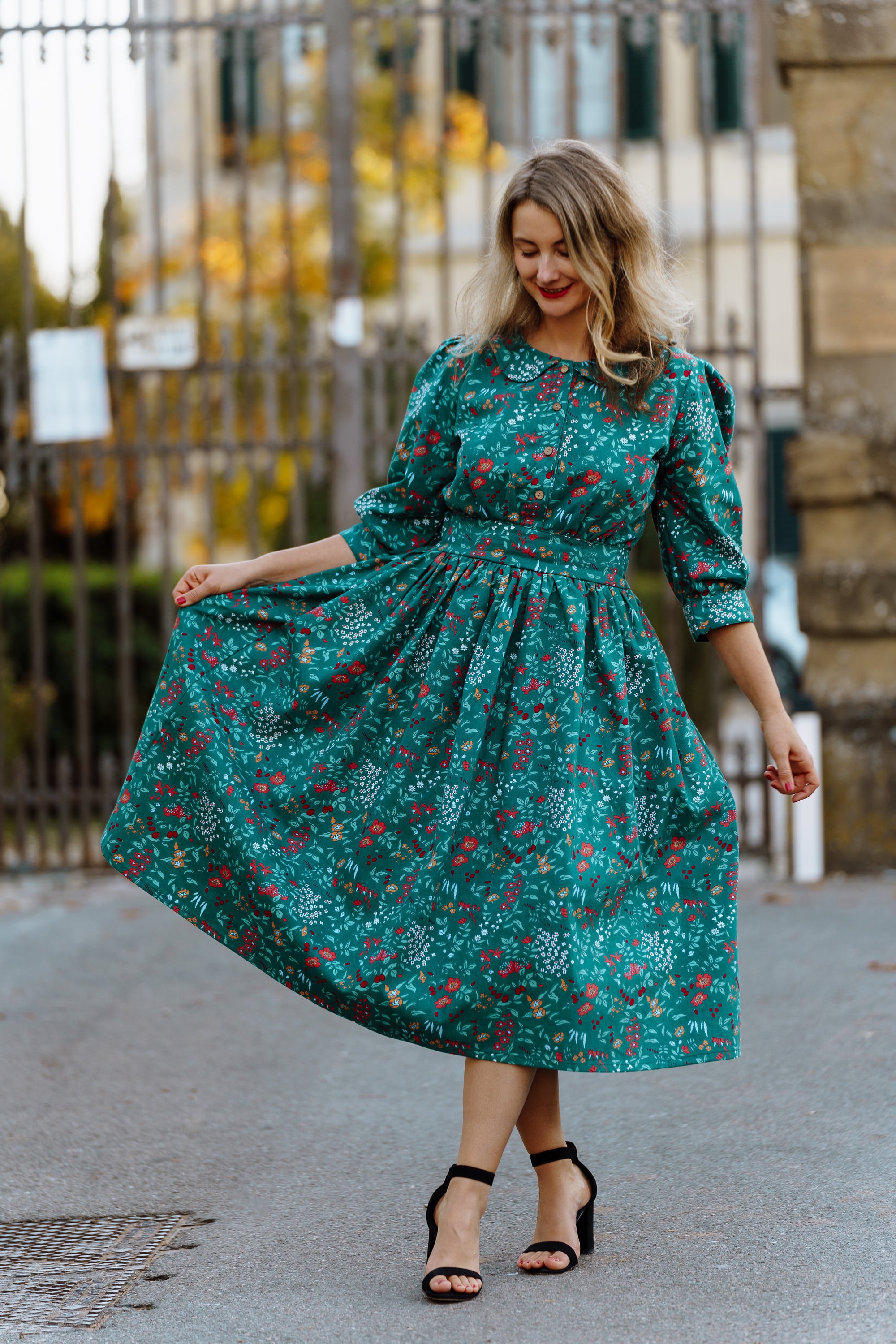 Green Jeans Warm Winter Dress With Long Sleeve/Puffy Denim Laura Ashley Inspired Cottagecore Christmas