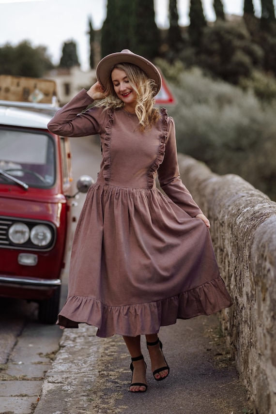 chinese dress ladies YEXPINE Women's Corduroy Maxi Dress Long Sleeve Cord Button Down Shirt Long  Dress with Belt Coffee at Amazon Women's Clothing store main image 0