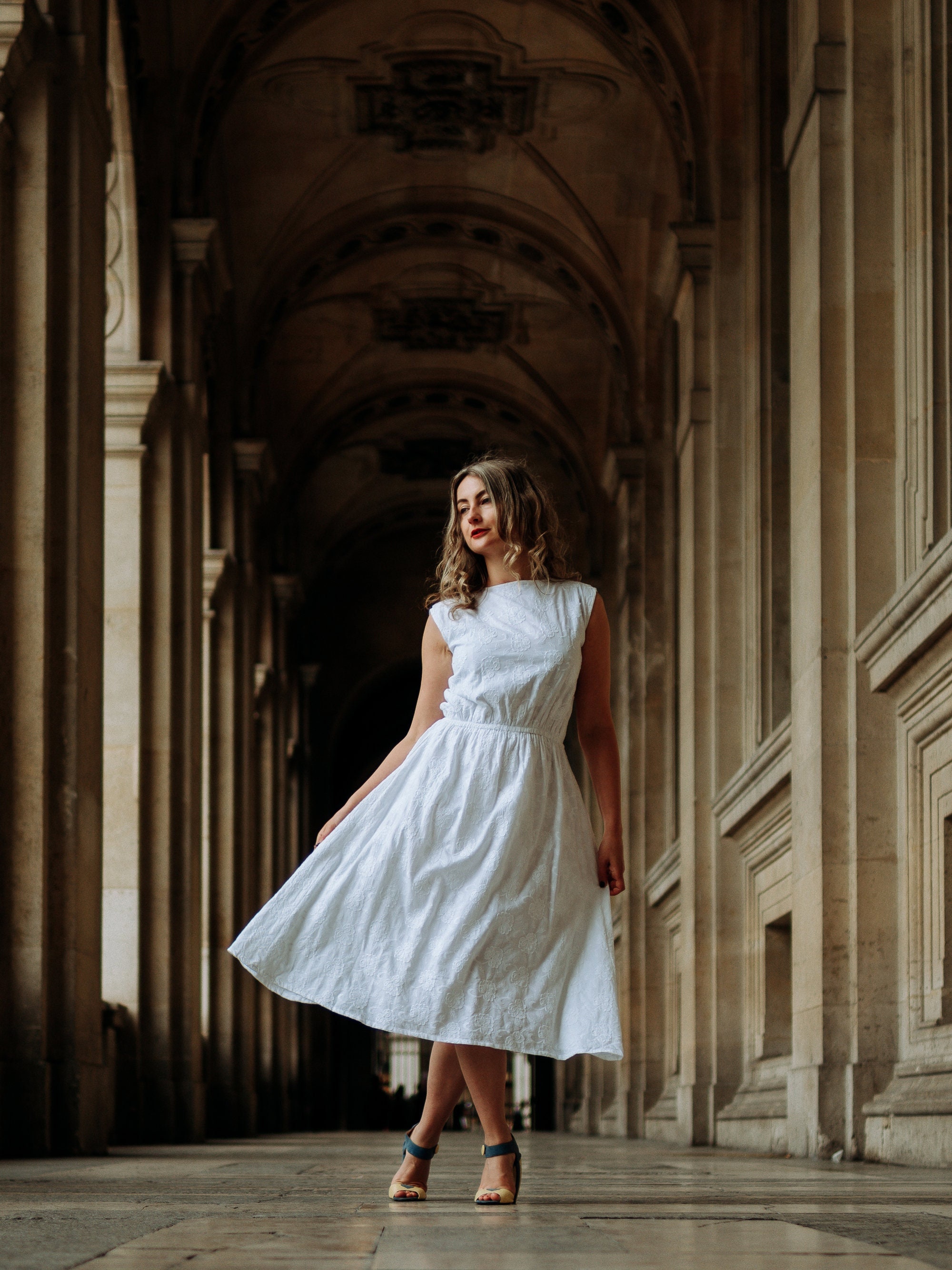 Full Embroidery Midi White Sleeveless Dress/Modest Simple Wedding Cottagecore Elegant Summer With
