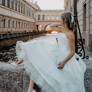 Champagne colour wedding midi dress with huge skirt/ Tea length princes bridal gown /Civil court  wedding/ Second wedding dress