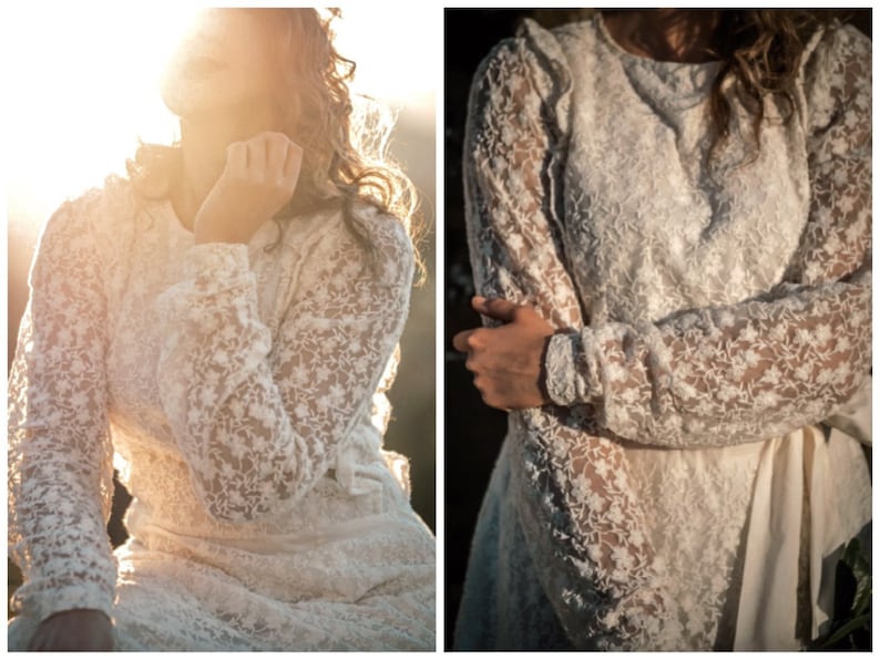 Modest full lace midi wedding dress with open back / Long sleeve embroidered lace wedding dress/ Minimalist civil wedding / image 8