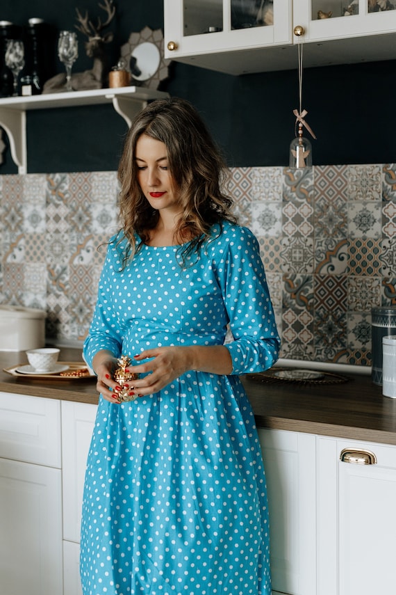 Ready to ship long dress/ Light denim cotton long dress / Polka dots blue long dress.