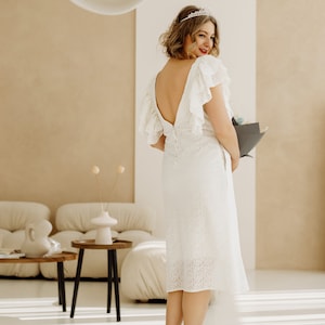 Wedding lace ruffle white dress with open or buttoned back / Civil ceremony modest midi dress / Minimalist second wedding dress