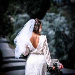 Modest full lace midi wedding dress with open back / Long sleeve embroidered lace wedding dress/ Minimalist civil wedding / image 6