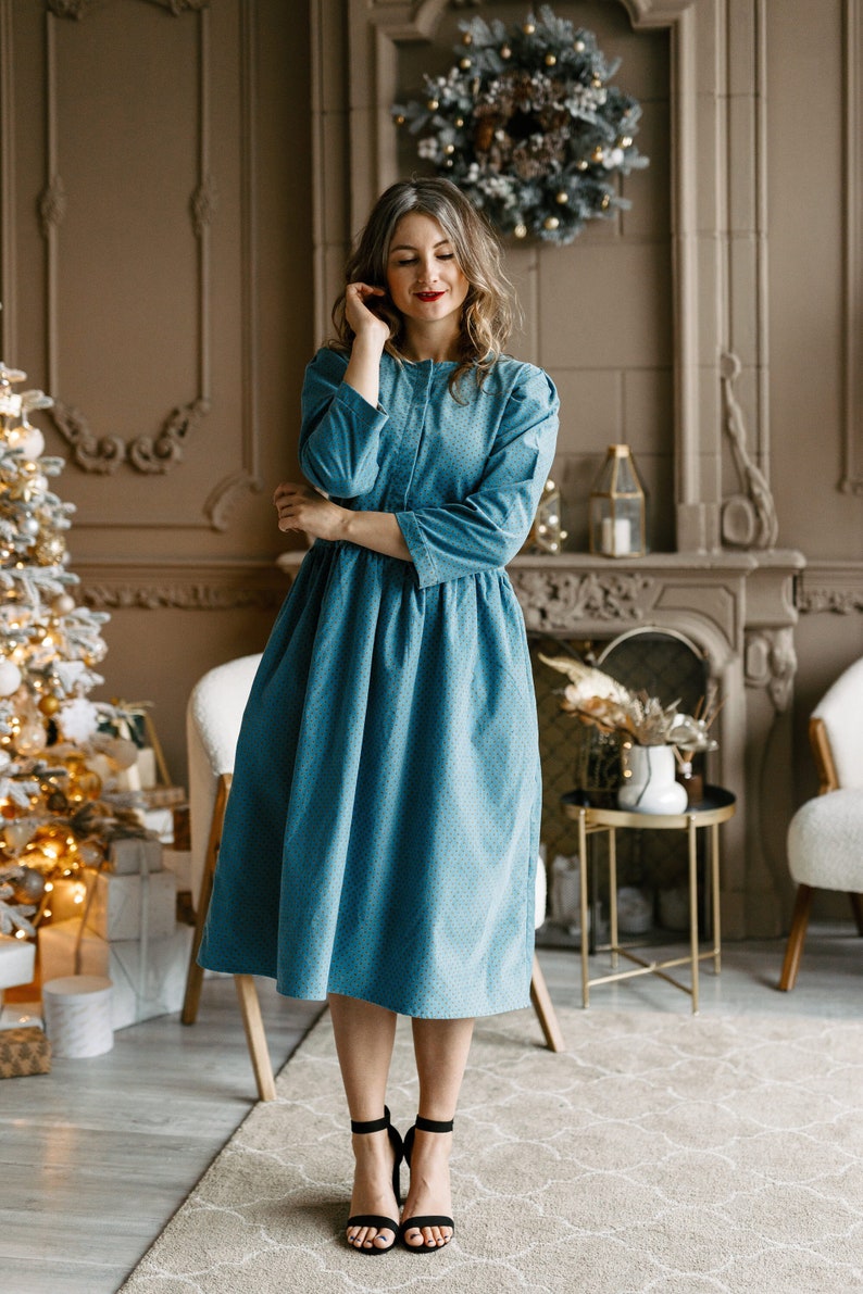 Corduroy warm winter woman dress with long sleeve and pockets / Cottagecore / Laura Ashley style / Tea length dress/ Puffy sleeve dress image 3