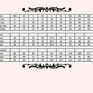 May include: Size chart for clothing with measurements in inches and centimeters. The chart includes sizes from XXS to 4XL, with corresponding measurements for bust, waist, and hips.