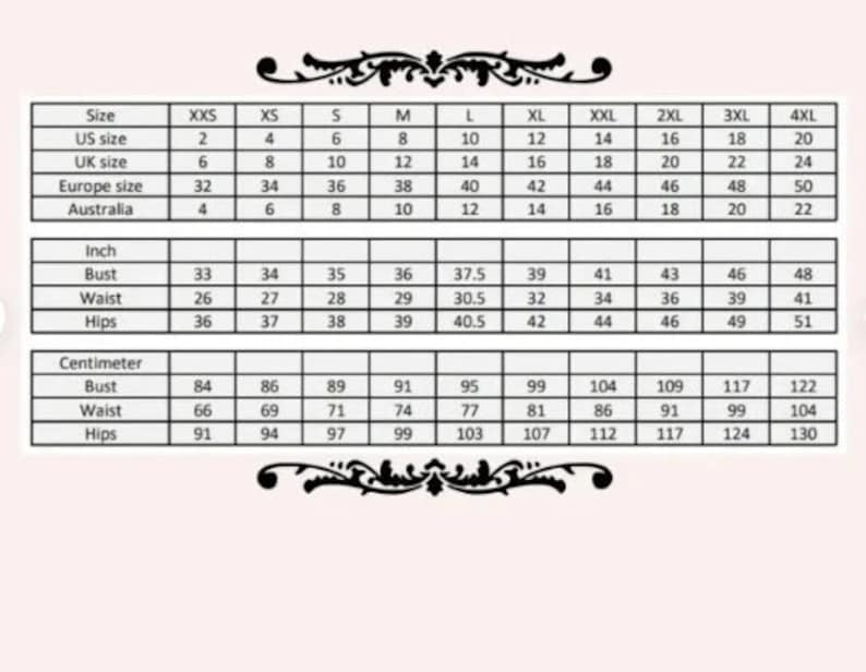 May include: Size chart for clothing with measurements in inches and centimeters. The chart includes sizes from XXS to 4XL, with corresponding measurements for bust, waist, and hips.