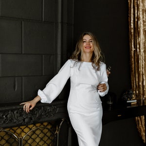 Robe Midi SheIn Blanche à Carreaux Dorés, Manches Longues, Taille L (42)