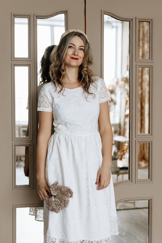 knee length dresses for ladies Light ivory Satin Midi Wedding Dress Cameron – Olivia Bottega