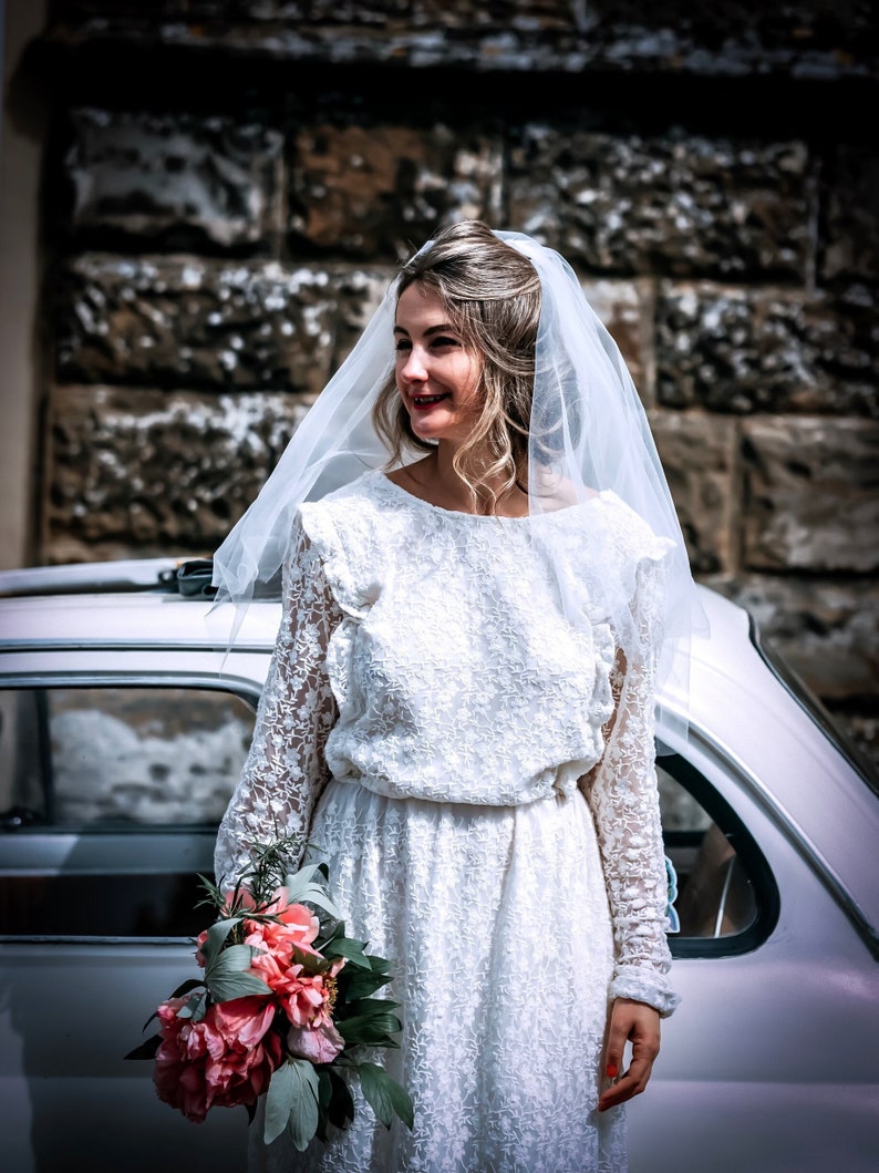 Modest full lace midi wedding dress with open back / Long sleeve embroidered lace wedding dress/ Minimalist civil wedding / White