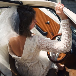 Modest full lace midi wedding dress with open back / Long sleeve embroidered lace wedding dress/ Minimalist civil wedding / image 4
