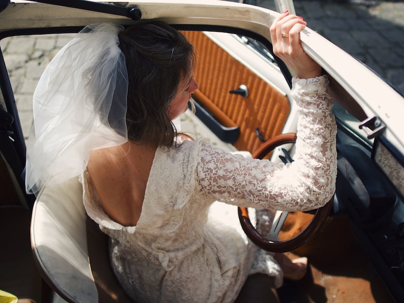 Modest full lace midi wedding dress with open back / Long sleeve embroidered lace wedding dress/ Minimalist civil wedding / image 4