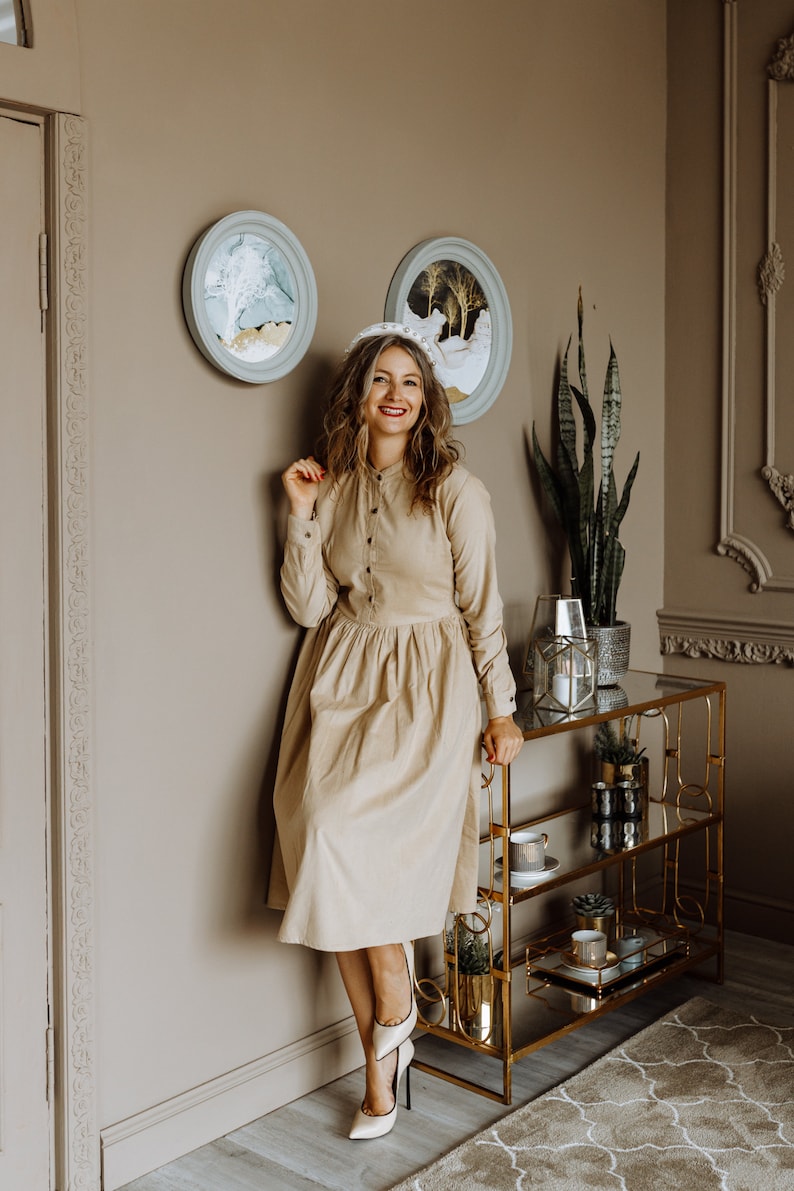 Corduroy warm dress with long sleeve / Cottagecore cloths / Laura Ashley inspired / Vintage style midi dress with large skirt image 8